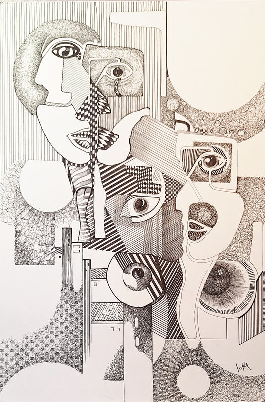 Del pueblo a la ciudad.  Dibujo a tinta sobre papel de 48x32 cms. Sin enmarcar.