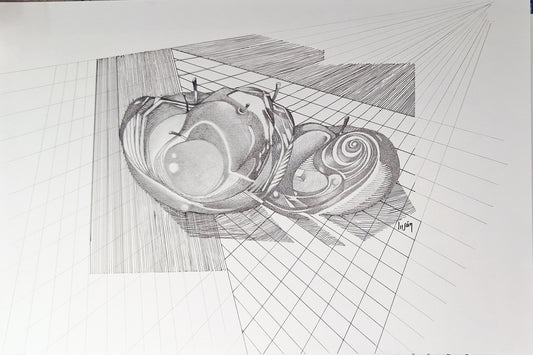 BODEGON EN FUGA: Dibujo a tinta y grafito sobre papel de 48x32 cms.    No podría precisar quién se adapta a quién.
Parece que el bodegón se transforma para integrarse en el espacio.
Se geometriza desde su interior para incorporarse, en fuga, al fondo.